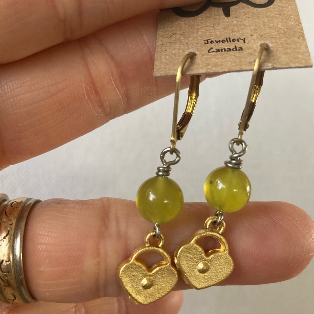Gold Heart Drop Earrings Green Semiprecious Stone
